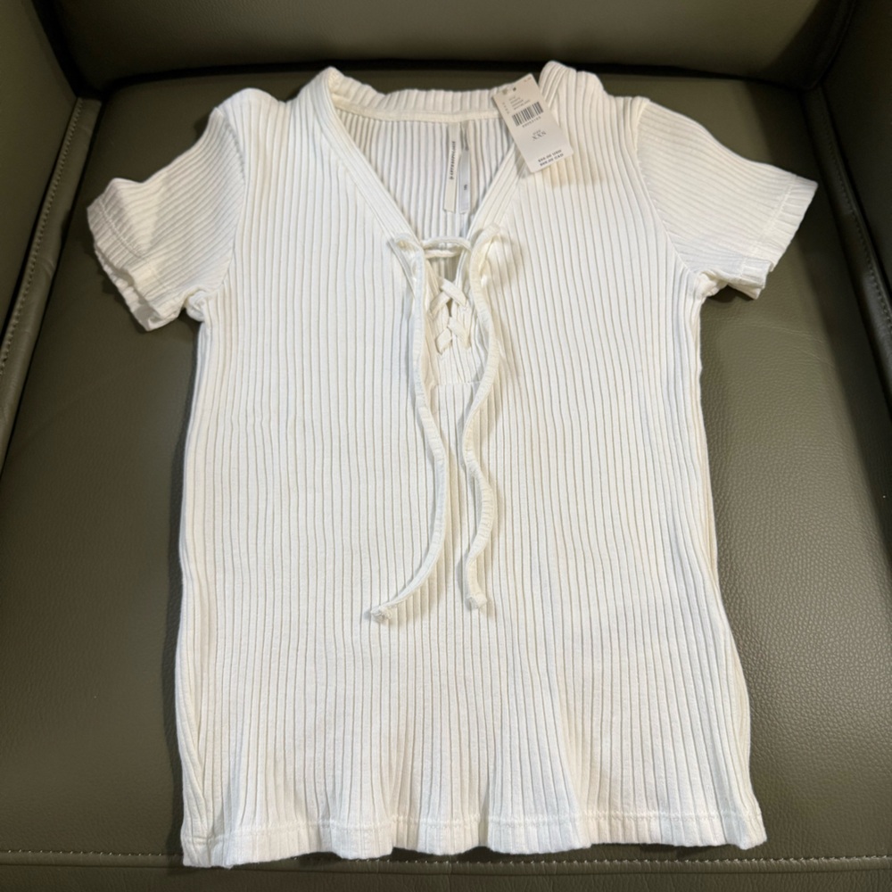 Anthropologie White Ribbed Lace-Up Top
